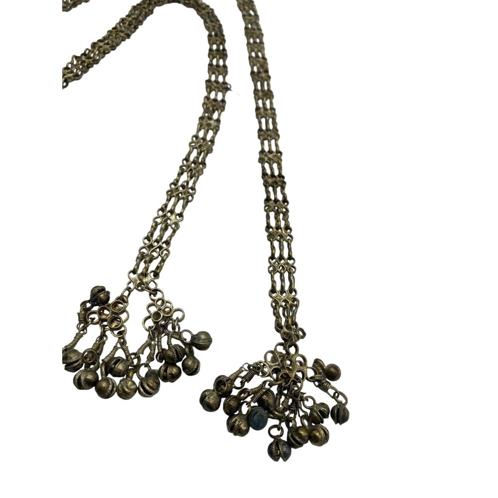 Vintage Brass Bell Tassel Chain Belt Triple Strand Boho Tribal Ethnic Lariat